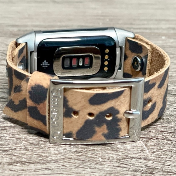 Leopard Print Leather Strap Fitbit Charge 5 Band Silver Jewelry Women Bracelet - Picture 3 of 9
